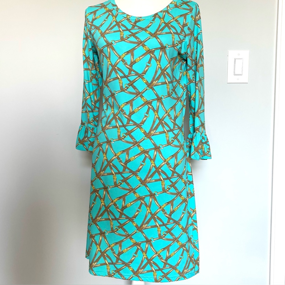 Barbara Gerwit Blue Green Print 3/4 Sleeve Dress Resort Size Small